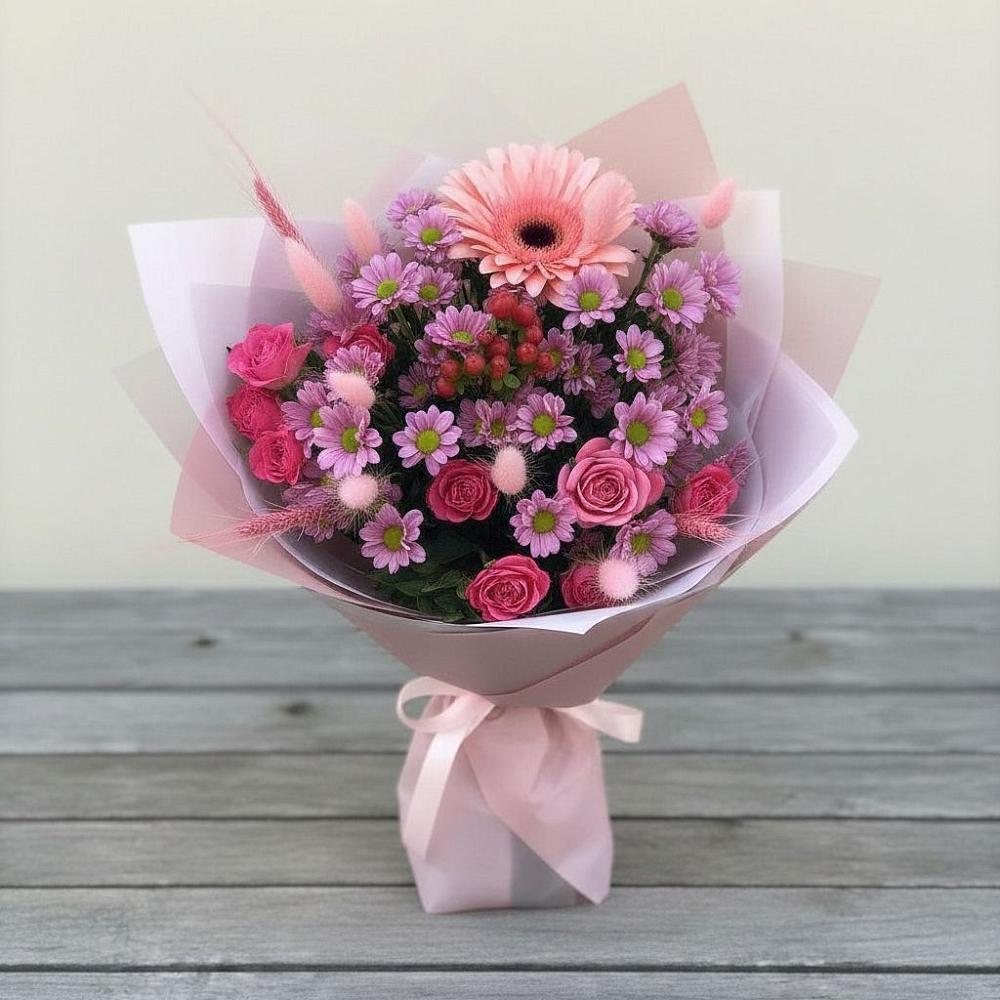 Букет цветов из: Розы, Герберы и Хризантемы в Трехгорном