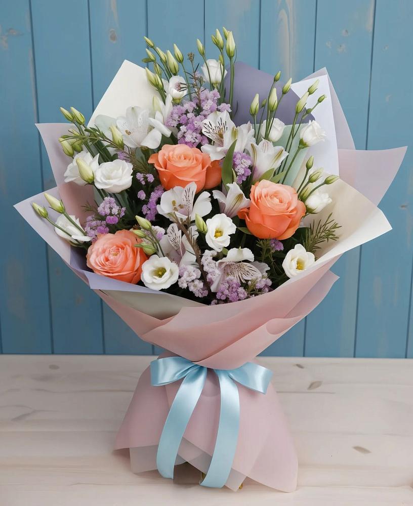 Букет цветов из: Лизиантусы, Розы, Альстромерии и Гипсофила в Трехгорном